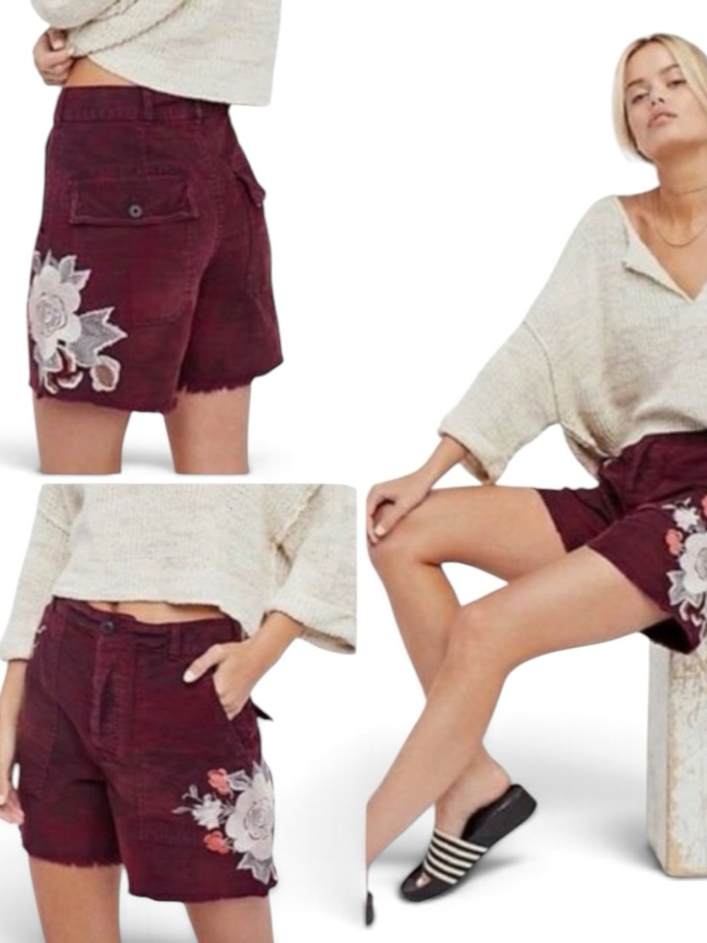 FREE PEOPLE Burgundy Camo Embroidered Scout Shorts